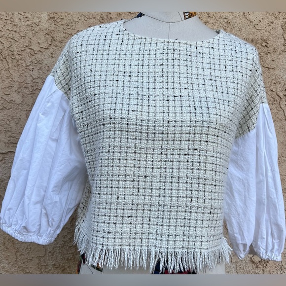 Zara Women's Textured Tweed Cotton Sleeves Body Fringe Hem Crop Top Size XS - Picture 1 of 9